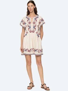 Sea New York Soren Embroidered Mini Dress Cream Red Blue Floral Size S